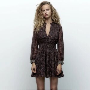 ZARA Floral Metallic Stripe Mini V Neck Dress Size L Boho Flowy Party Cuff